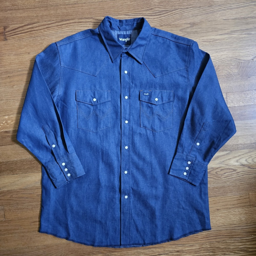 Wrangler Cowboy Cut Rigid Blue Denim Western Work Shirt Men XL 17X33 Pearl Snap